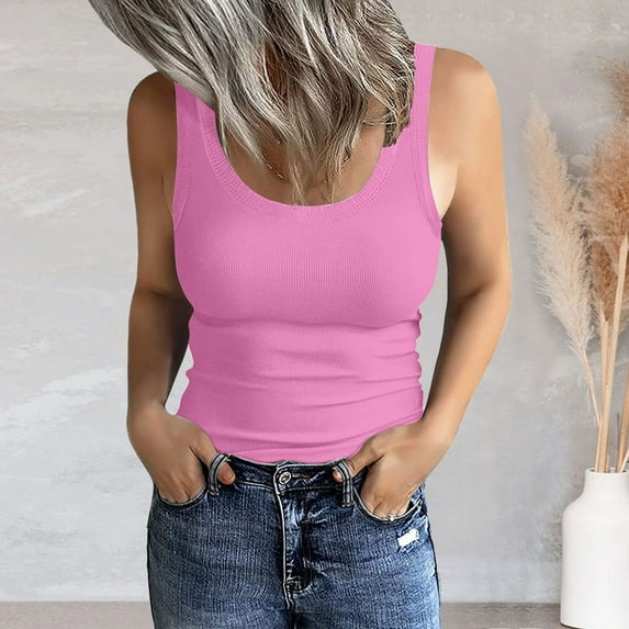 Krdevn Women's Sleeveless Scoop Neck Ribbed Tank Tops Fitted Basic Cami Tee Shirts(Color:Pink,Size:XL)