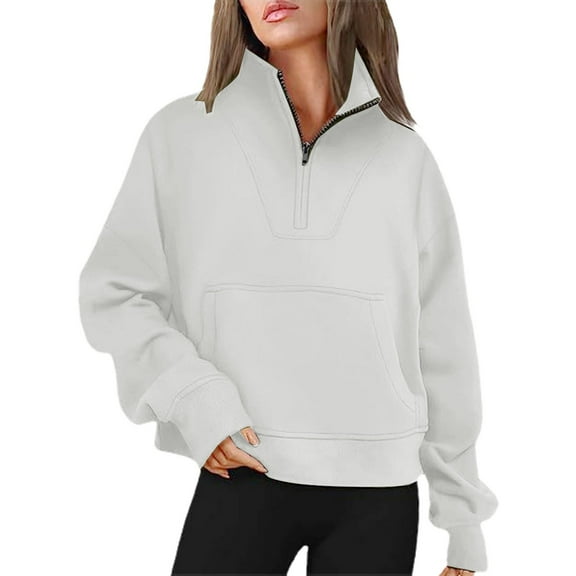 Krdevn Women's Solid Color Pullover - Half Zip Stand Collar Sweatshirt with Pocket for Casual Comfort,Size:S