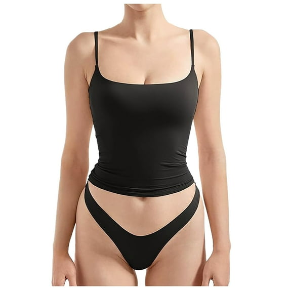 Krdevn Women's Square Neck Tank Top Summer Sleeveless Basic Shirt Y2K Style Going Out Cami with Underwear Set,Color: Black Size: XL