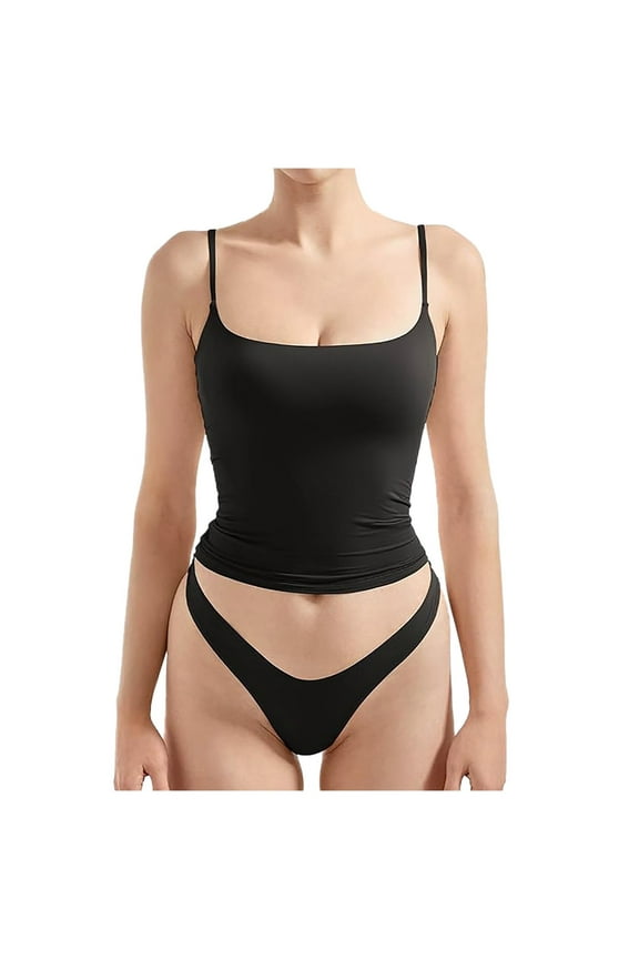 Women's Square Neck Tank Top Summer Sleeveless Basic Shirt Y2K Style Going Out Cami with Underwear Set,Color: Black Size: XL