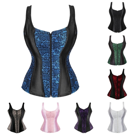 Krdevn Women's Strap Floral Corset, Front Zip Waist Cincher Vintage Overbust Bodyshaper, Renaissance Shapewear Top for Party Cosplay,Blue