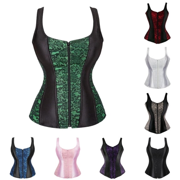 Krdevn Women's Strap Floral Corset, Front Zip Waist Cincher Vintage Overbust Bodyshaper, Renaissance Shapewear Top for Party Cosplay,Green