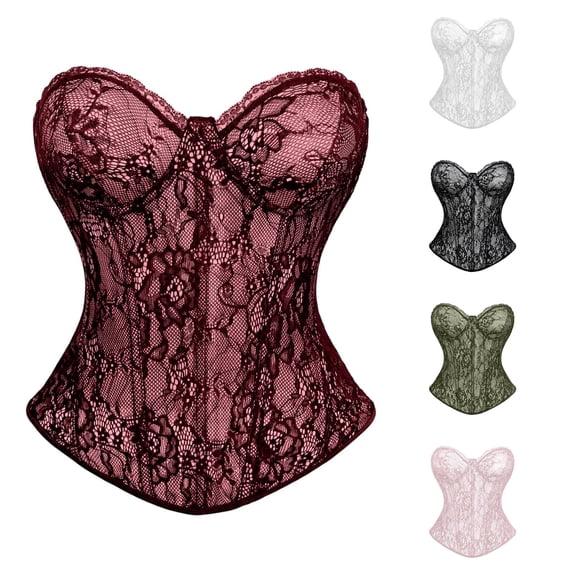 Krdevn Women's Strapless Floral Lace Corset, Boned Sweetheart Bustier, Breathable Waist Cincher Tummy Control Shapewear Top,Red