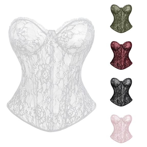 Krdevn Women's Strapless Floral Lace Corset, Boned Sweetheart Bustier, Breathable Waist Cincher Tummy Control Shapewear Top,White
