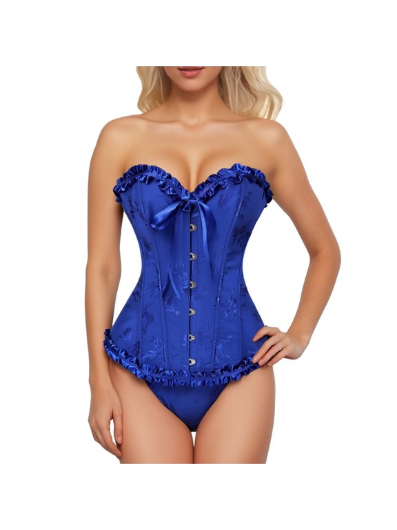 Krdevn Women's Strapless Ruffled Jacquard Corset, Front Busk Closure Waist Cincher, Vintage Overbust Bustier Shapewear for Party Cosplay,Blue