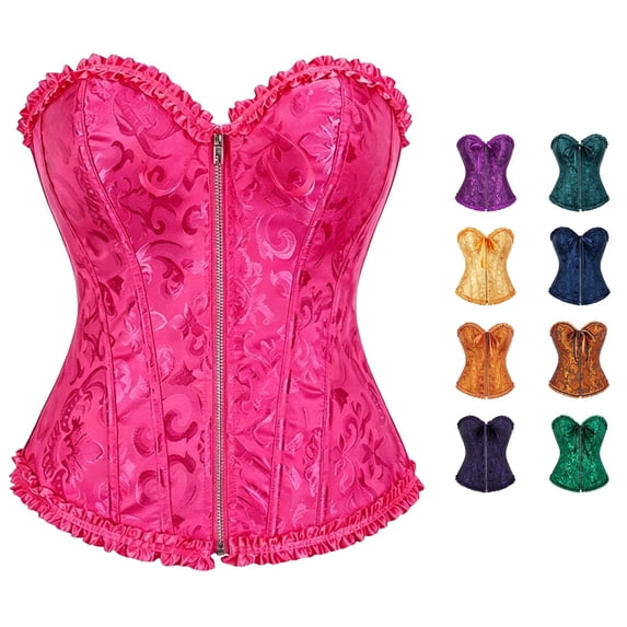 Krdevn Women's Strapless Ruffled Jacquard Corset, Front Zip Back Lace Up Waist Cincher, Boned Retro Overbust Bustier for Costume Party,Hot Pink