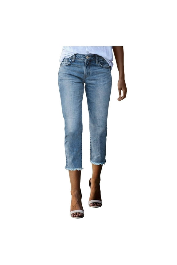 Women's Stretch Capri Jeans Distressed Hem Washed Denim Straight Leg Casual 3/4 Length Button Fly Pants,Color: Blue Size: L