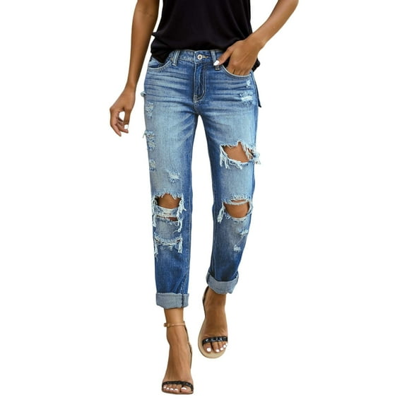 Krdevn Women's Stretchy Bootcut Jeans Casual Comfortable Denim Pants with Button & Zipper Mid-Length Washed Flared Leg for Everyday Wear,Size:XXL