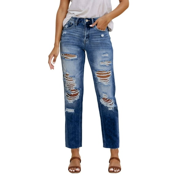 Krdevn Women's Stretchy Bootcut Jeans - Washed Denim Mid-Length Pants with Button Fly, Comfortable Flared Leg Trousers for Everyday Casual Wear,Size:L