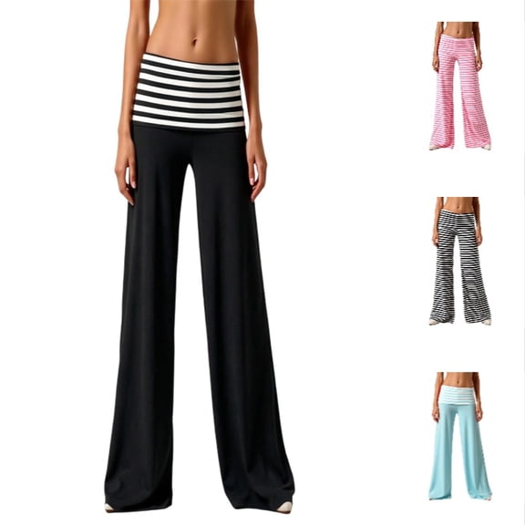 Krdevn Women's Striped Fold-Over Waist Wide Leg Pants Flowy High Waist Casual Loose Fit Trousers
