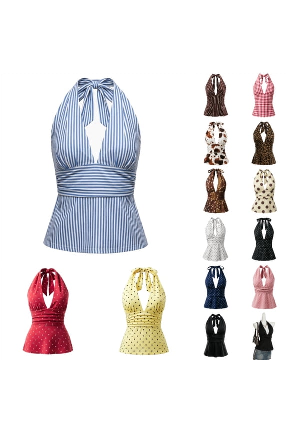 Krdevn Women's Striped Halter Top Tie-Back V-Neck Sleeveless Peplum Blouse for Summer Wear,S
