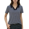 thumbnail image 1 of Krdevn Women's Striped Short Sleeve T Shirt Casual Crew Neck Top for Daily Wear Summer Fall Comfortable Blouse with Classic Collar Design,Women's Tops, Tees & Blouses,Size:S, 1 of 3