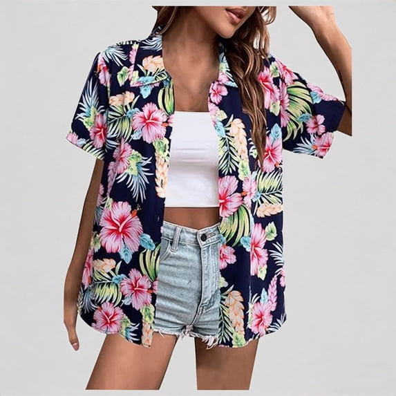 Krdevn Women's Summer Floral Print Short Sleeve Open Front Cardigan Casual Beach Cover Up Shirt,3XL