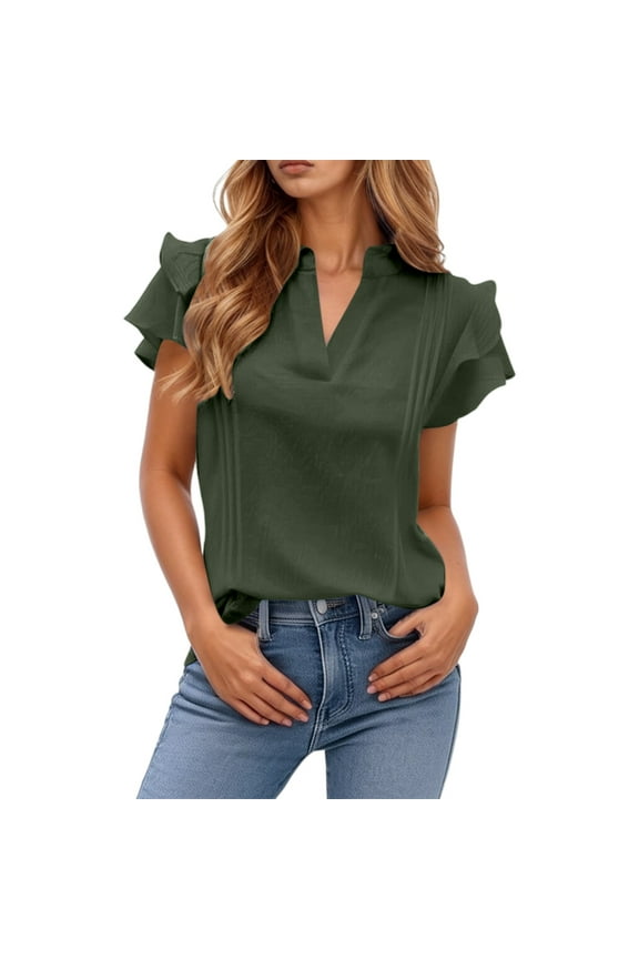 Women's V Neck Casual Double Layer Ruffled Sleeve Solid Top,Women's Tops, Tees & Blouses,Size:XL