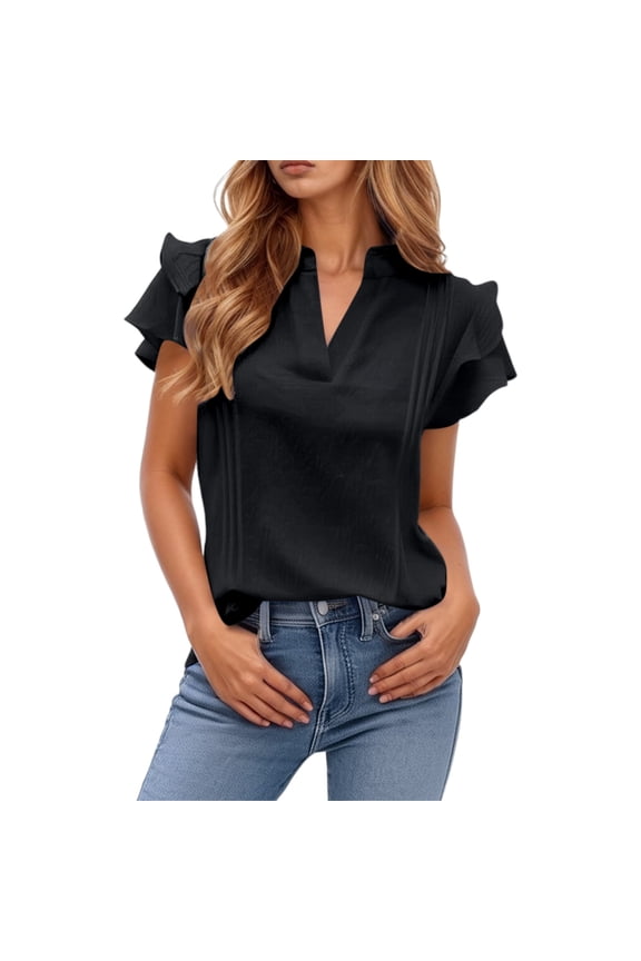 Women's V Neck Casual Double Layer Ruffled Sleeve Solid Top,Women's Tops, Tees & Blouses,Size:XXL