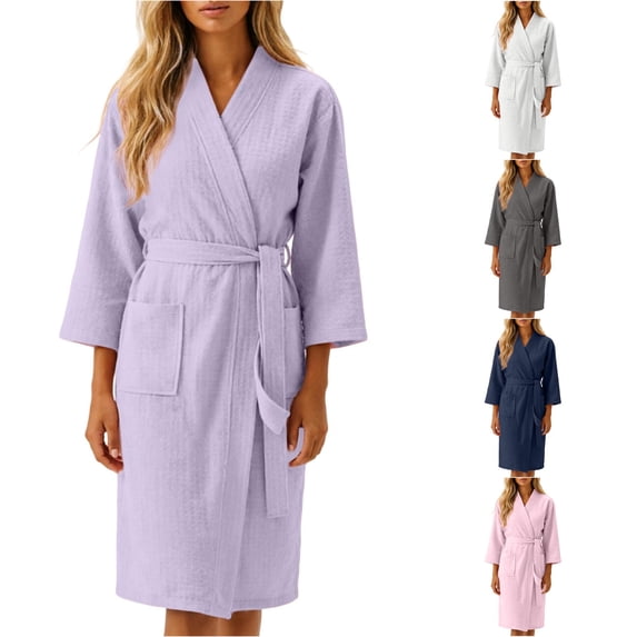 Krdevn Women's Waffle Weave Bath Robe, V‑Neck 3/4 Sleeve Solid Color Kimono Robe with Pockets for Spa Home Loungewear,Light Purple