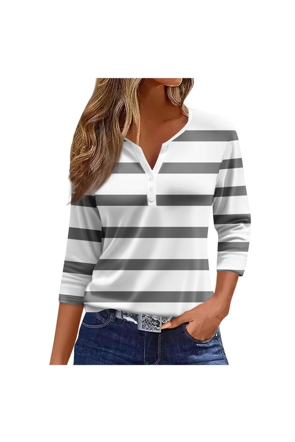 Womens 3/4 Sleeve Tops Casual Neck Tshirt Ladies Print Daily Tees Tunic Blouses,Women's Tops, Tees & Blouses,Size:L