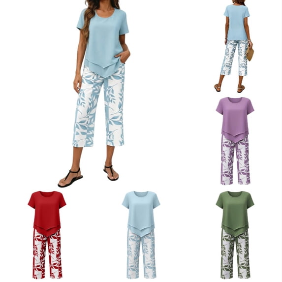 Krdevn Womens Casual 2 Piece Outfits Short Sleeve Irregular Top Leaf Print Capri Pants Summer Daily Wear Set,L