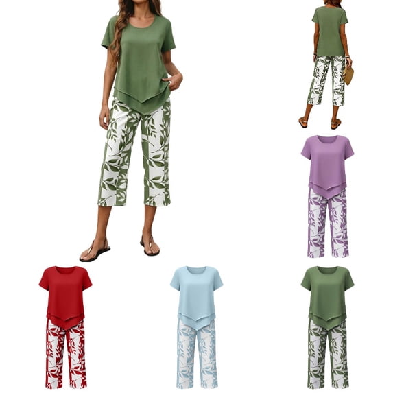 Krdevn Womens Casual 2 Piece Outfits Short Sleeve Irregular Top Leaf Print Capri Pants Summer Daily Wear Set,S