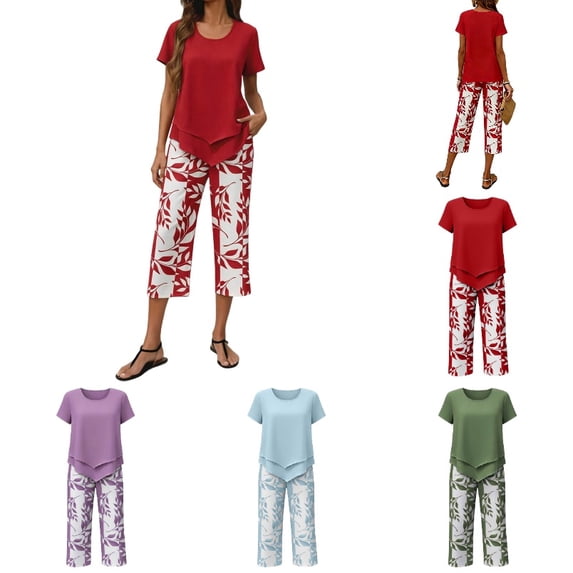 Krdevn Womens Casual 2 Piece Outfits Short Sleeve Irregular Top Leaf Print Capri Pants Summer Daily Wear Set,XXL