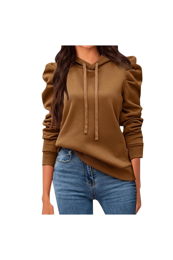 Womens Fall Sweatshirts,Women Casual Puff Long Sleeve Hoodies Drawstring Pullover Sweatshirts Loose Fit Solid Shirts Fall Sweatshirt,Pullover Sweatshirts for Women,Size:S