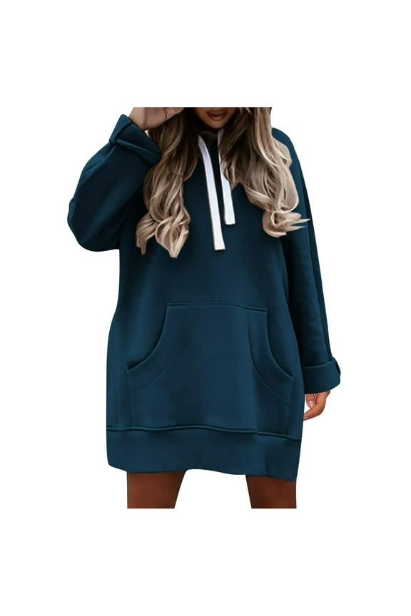 Womens Fall Sweatshirts,Women's Autumn Long Sleeve Side Opening Solid Color Extended Pocket Hooded Drawstring Casual Skirt Hoodie,Pullover Sweatshirts for Women,Size:XL