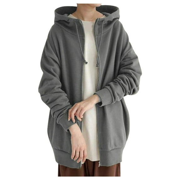 Krdevn Womens Fall Sweatshirts,Women's Solid Color Zippered Hooded Longline Lined Streetwear Pullover Jacket,Pullover Sweatshirts for Women,Size:3XL