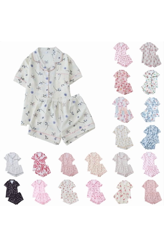 Krdevn Womens Floral Print Pajama Set Short Sleeve Button Front Top with Pockets Shorts Soft Sleepwear,L