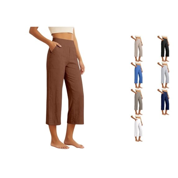 Krdevn Womens High Waist Linen Blend Cropped Pants Wide Leg Casual Loose Fit Trousers with Pockets,S