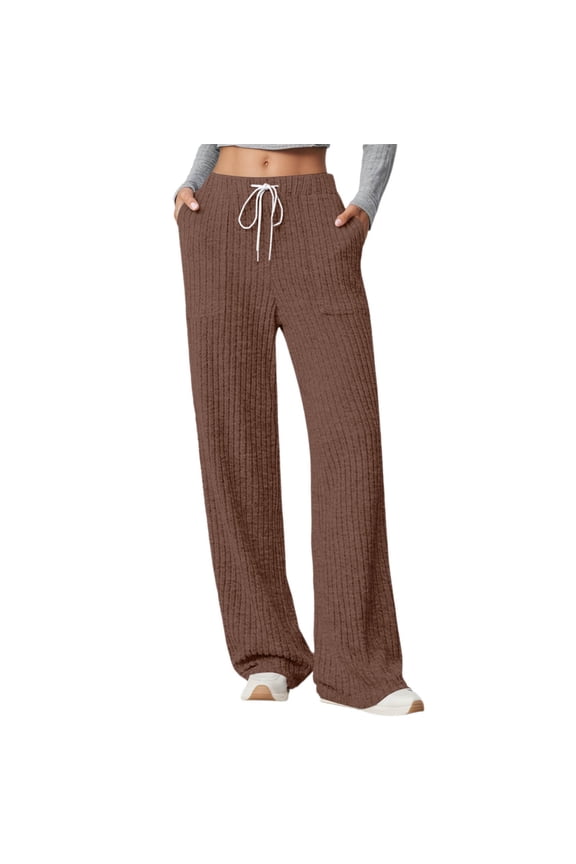 Womens Pants - Casual Fall Winter Trousers Elastic Waist Soft Knitted Ribbed Texture High Rise Pocket Pants Comfortable Daily Wear,Pants for Women,Size:XXL