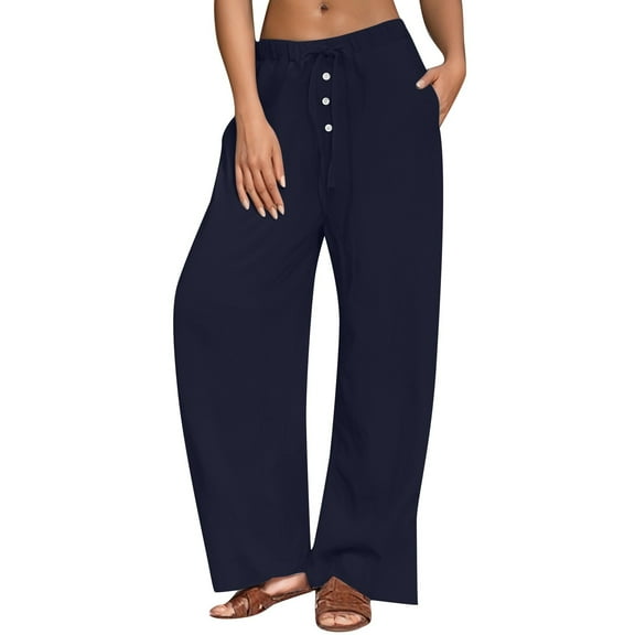 Krdevn Womens Pants - Linen Wide Leg Pants Woman High Waisted Pull On Button Drawstring Baggy Casual Palazzo Pants with Pockets,Pants for Women,Size:M