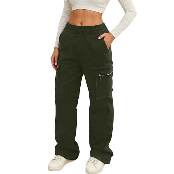 Krdevn Womens Pants - Women's Casual Pants High Waisted Loose Straight Leg Cargo Pants with Zipper Pockets Streetwear Stretch Travel Jogger Trousers,Pants for Women,Size:S