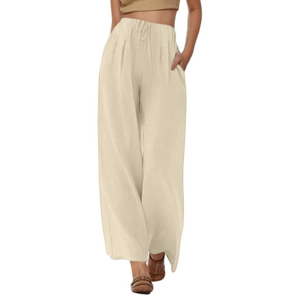 Krdevn Womens Pants - Women's High Waisted Drawstring Linen Wide Leg Beach Pants with Pockets Comfortable Casual Loose Fit Trousers for Vacation Travel ,Pants for Women,Size:3XL