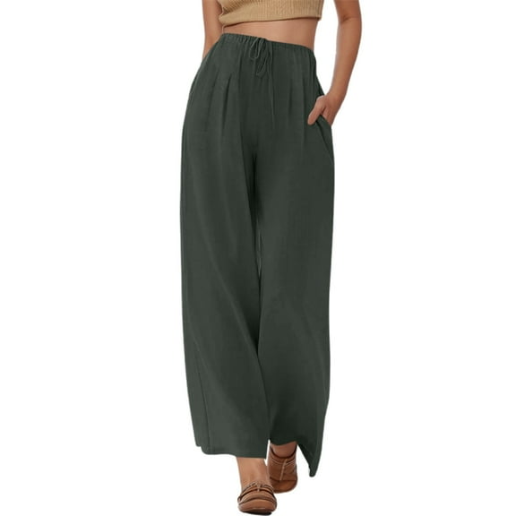 Krdevn Womens Pants - Women's High Waisted Drawstring Linen Wide Leg Beach Pants with Pockets Comfortable Casual Loose Fit Trousers for Vacation Travel ,Pants for Women,Size:M