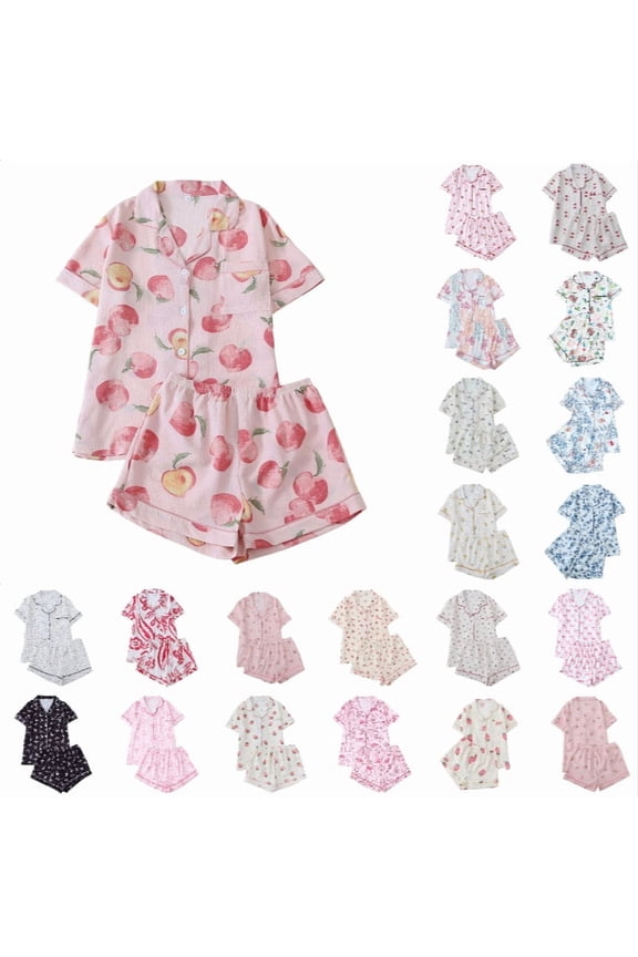 Krdevn Womens Peach Print Pajama Set Short Sleeve Button Front Top with Pockets Shorts Soft Sleepwear,S