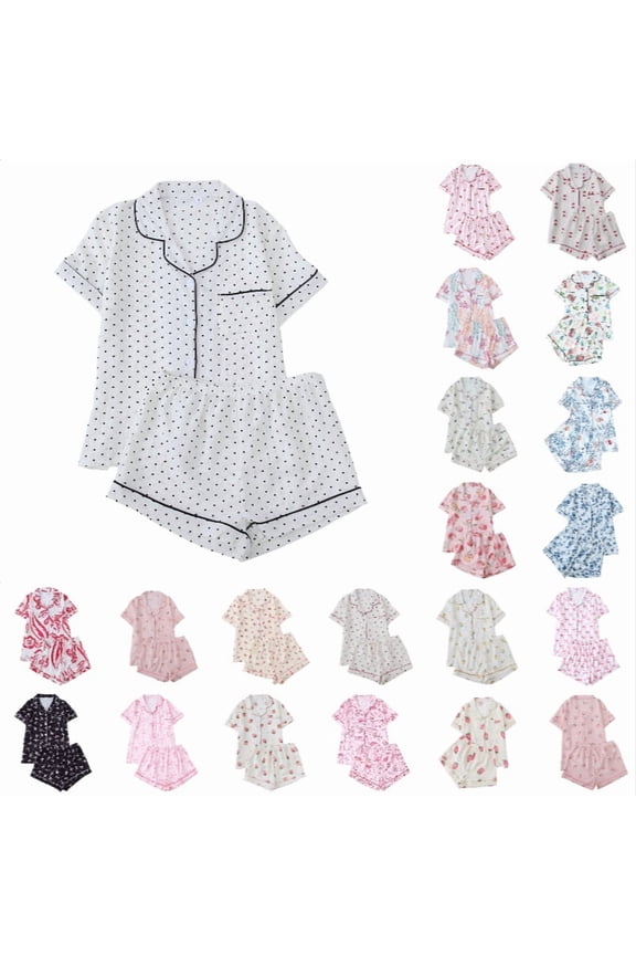 Krdevn Womens Polka Dot Print Pajama Set Short Sleeve Button Front Top with Pockets Shorts Soft Sleepwear,M