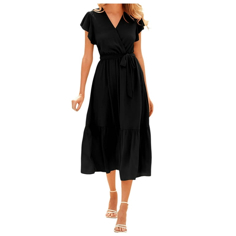 Flowy black dress with flutter cap sleeves sales
