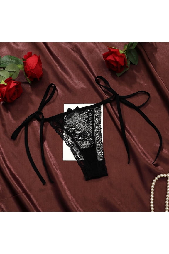 Krdevn Womens Underwear Lace Low-Rise Thong Tie-Side Adjustable Strap Floral T-Back Panty with Bow Detail,S