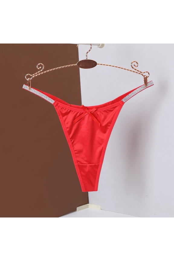 Krdevn Womens Underwear Satin Low-Rise Thong Rhinestone Strap T-Back Panty with Bow Detail,S