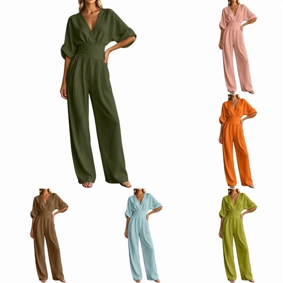 Krdevn Womens V Neck Jumpsuit Batwing Sleeve Waist Cinched Wide Leg Casual Summer Romper,4XL