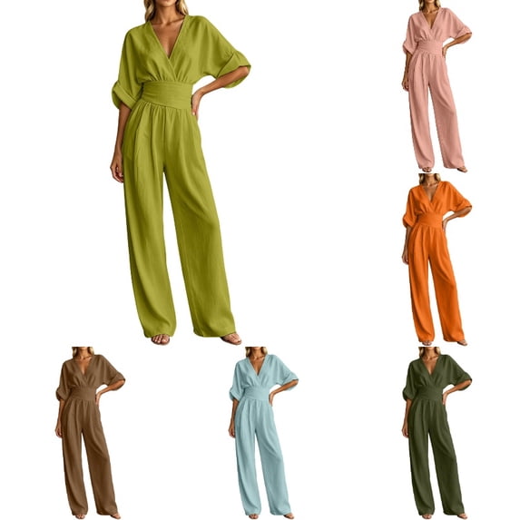 Krdevn Womens V Neck Jumpsuit Batwing Sleeve Waist Cinched Wide Leg Casual Summer Romper,M