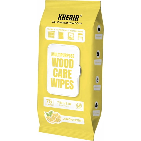Kreair Multipurpose Wood Care Wipes 75 Count, 7in x 8in Furniture Surface Polish & Cleaning Wipes, Cleans, Conditions & Restores Shine on Finished Wood Cabinets & Tables - Lemon Scent