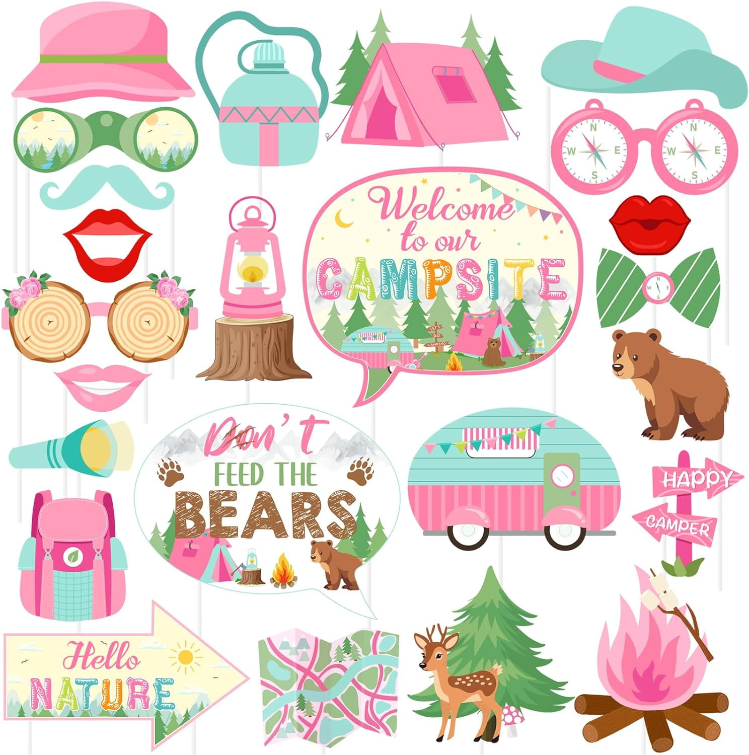 Kreatwow 24pcs Camping Photo Booth Props Camping Party Decorations Pink Camping Theme Party Decorations Tent Adventure Camping Party Supplies for Camp Birthday Baby Shower Happy Camper Party - Walmart.com camping-printable-photo-booth-props-paper-and-cake