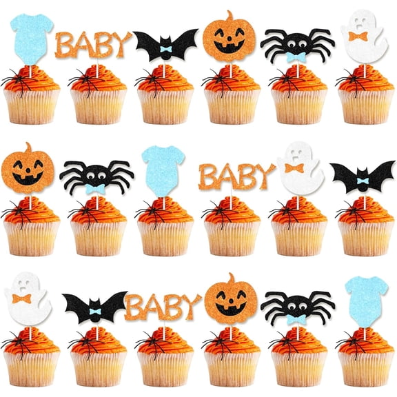 Kreatwow 36 Pcs Halloween Baby Shower Cupcake Toppers Halloween Baby Shower Decorations Boy Orange and Blue Ghost Pumpkin Spider Bat Cupcake Picks Table Decor for Halloween Theme Welcome Baby Boy