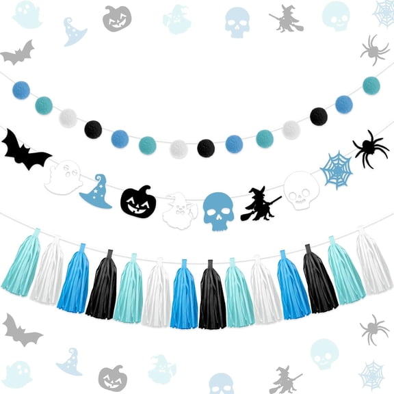 Kreatwow Blue Black Halloween Birthday Decoration Halloween Tassel Garland Banner Halloween Hanging Garland Spider Bat Skull Ghost Supplies for Halloween Birthday Wedding Baby Shower Bunting Supplies