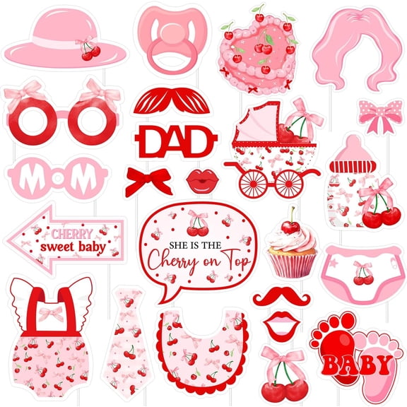 Kreatwow She's The Cherry on Top Baby Shower Decorations Cherry Sweet Baby Photo Booth Props Pink Bow Cherry Party Decor Masks Glasses for Women Baby Shower Party Supplies Funny Cute Party Favors