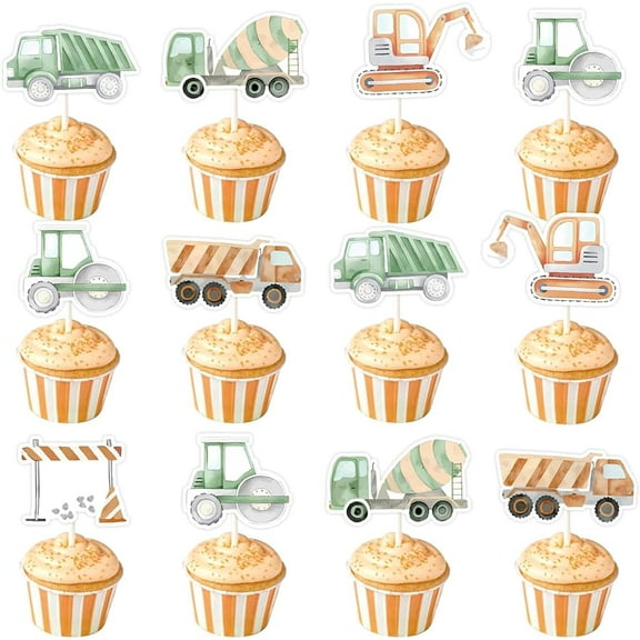 Kreatwow Construction Cupcake Toppers Decorations 24pcs Construction Retro Cake Toppers Dump Truck Excavator Tractor Birthday Party Decorations for Kids Boys Baby Shower 1st 2nd 3rd Birthday
