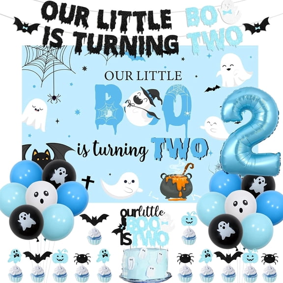 Kreatwow Halloween 2nd Birthday Decorations Boy Our Little Boo is Turning Two Backdrop Banner Cake Topper Ghost Balloon Blue Black Our Little Boo is Turning Two 2nd Birthday Decor for 2 Year Old Boy