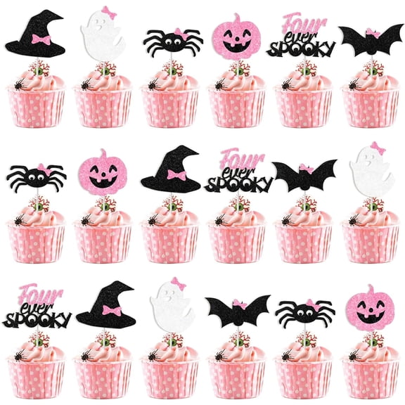 Kreatwow Halloween 4th Birthday Decorations 36 Pcs Four Ever Spooky Cupcake Toppers Four Ever Spooky Birthday Pink Black Ghost Pumpkin Cupcake Toppers Halloween Theme Spooky Little Boo Birthday Girl