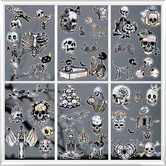 Kreatwow Halloween Gothic Window Decoration 6pcs Halloween Skull Window Stickers Gothic Halloween Window Clings Decorations Laser Skull Halloween Window Clings Wall Sticker for Halloween Haunted Party